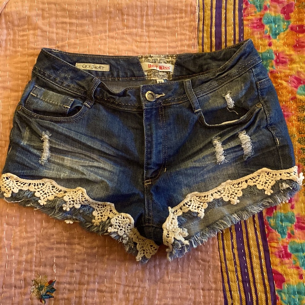 Boho crochet trim denim shorts